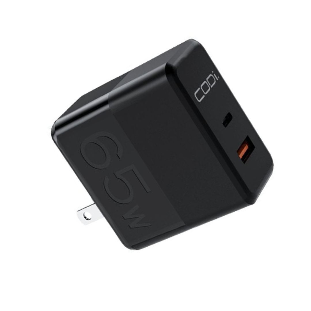 CODi 65W GaN Dual Port Wall Charger with USB-C and USB-A Quick Charge 3.0 Outputs (Black)