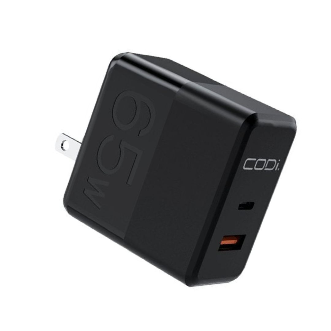 CODi 65W GaN Dual Port Wall Charger with USB-C and USB-A Quick Charge 3.0 Outputs (Black)