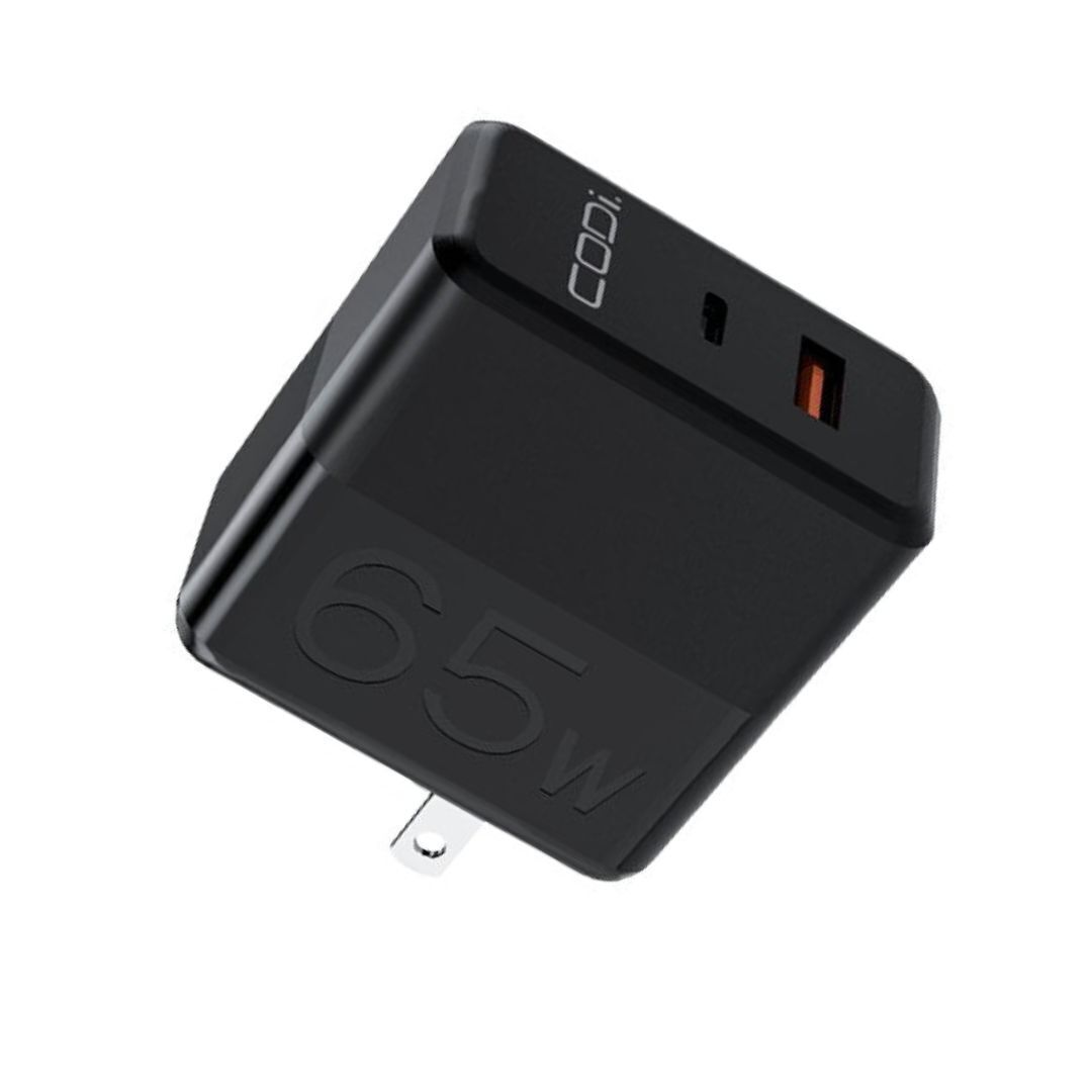 CODi 65W GaN Dual Port Wall Charger with USB-C and USB-A Quick Charge 3.0 Outputs (Black)