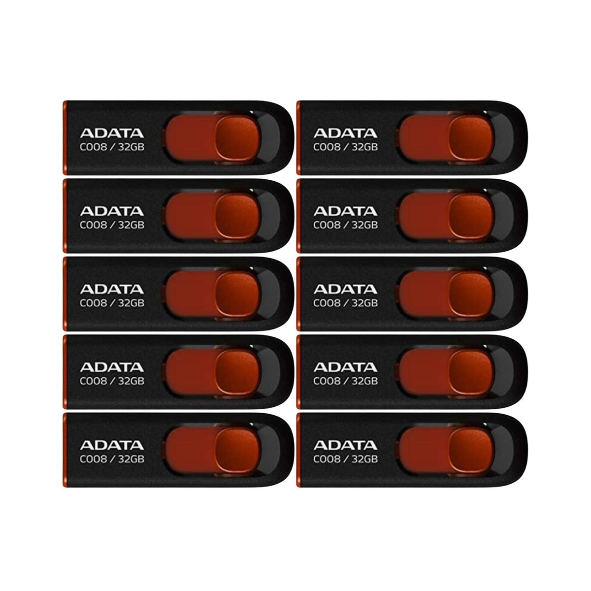 Adata C008 32GB USB 2.0 Retractable Flash Drive (Red) with USB 3.0 to USB-C Adapter (10-Pack)