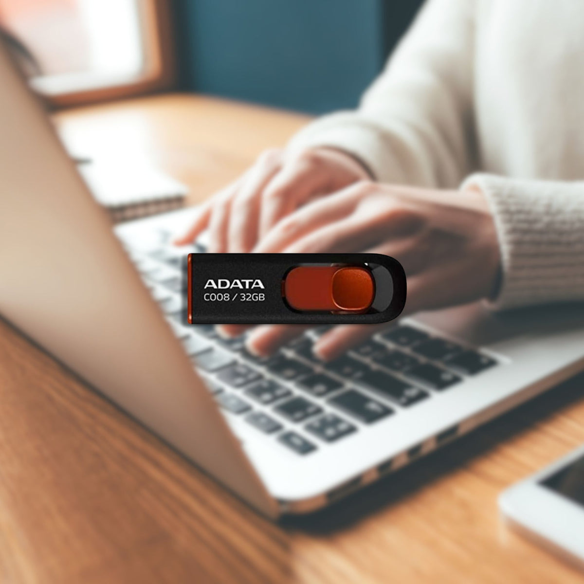 Adata C008 32GB USB 2.0 Retractable Flash Drive (Red) with USB 3.0 to USB-C Adapter (50-Pack)