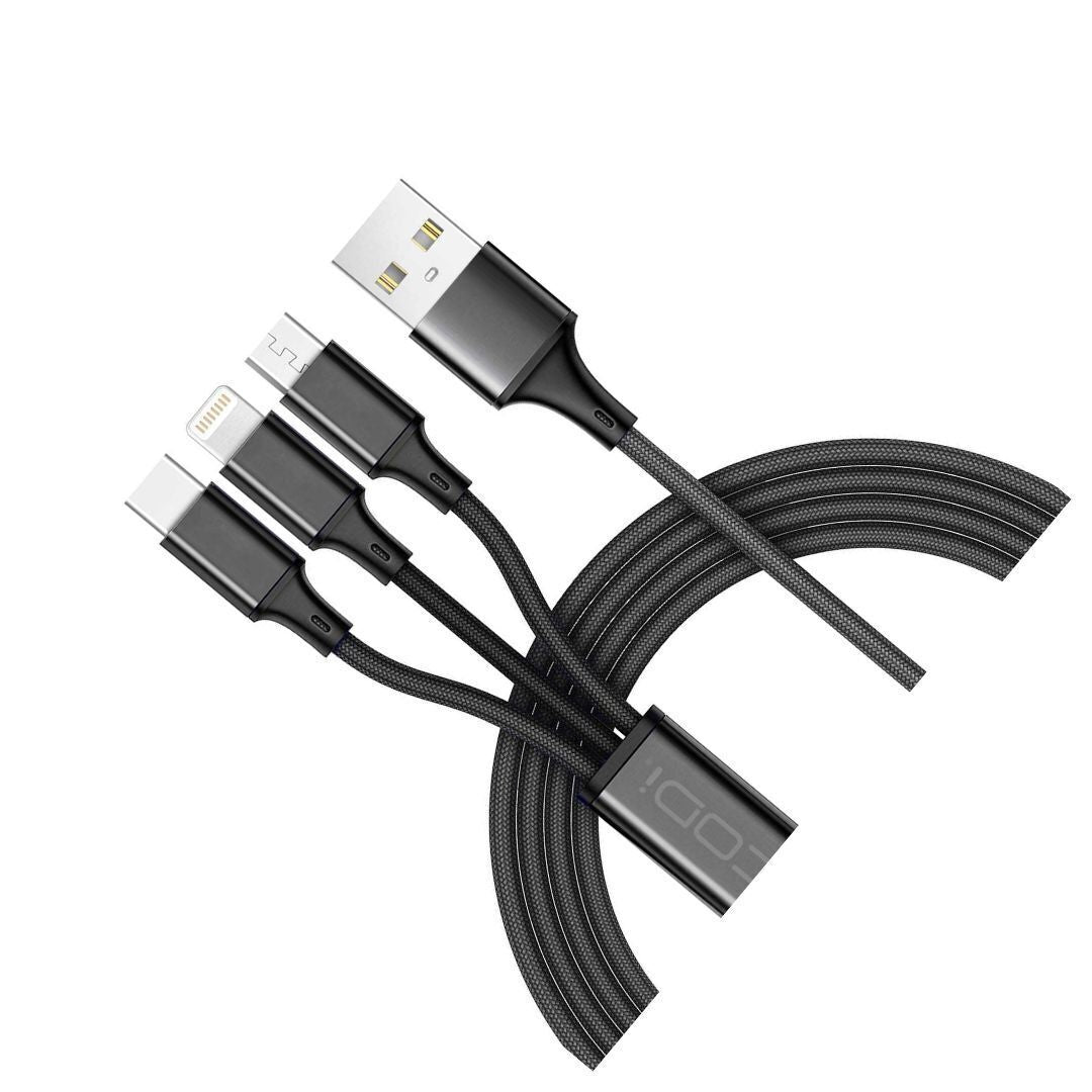 CODi 4-Feet 3-In-1 Multi-Charging Braided USB-A Cable with USB-C, Micro USB, and Lightning Connector