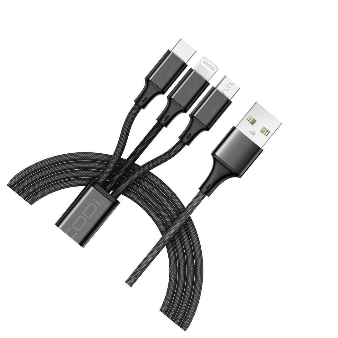 CODi 4-Feet 3-In-1 Multi-Charging Braided USB-A Cable with USB-C, Micro USB, and Lightning Connector