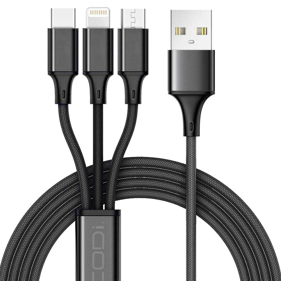 CODi 4-Feet 3-In-1 Multi-Charging Braided USB-A Cable with USB-C, Micro USB, and Lightning Connector
