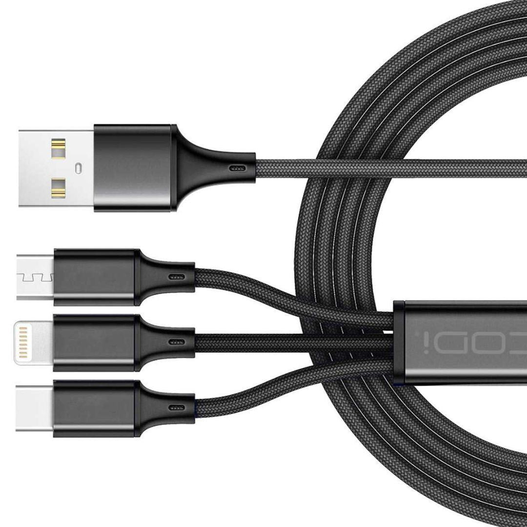 CODi 4-Feet 3-In-1 Multi-Charging Braided USB-A Cable with USB-C, Micro USB, and Lightning Connector