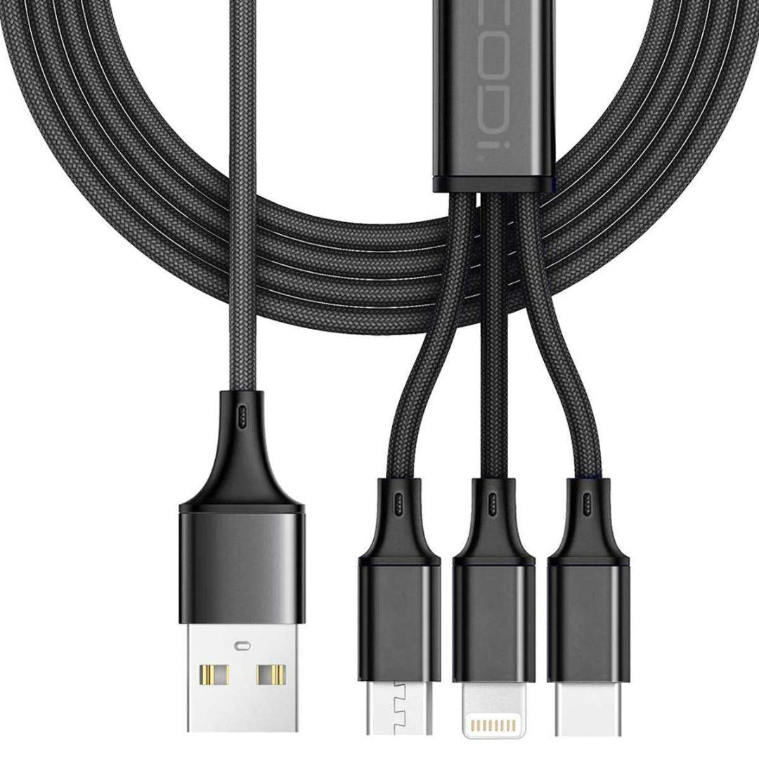 CODi 4-Feet 3-In-1 Multi-Charging Braided USB-A Cable with USB-C, Micro USB, and Lightning Connector
