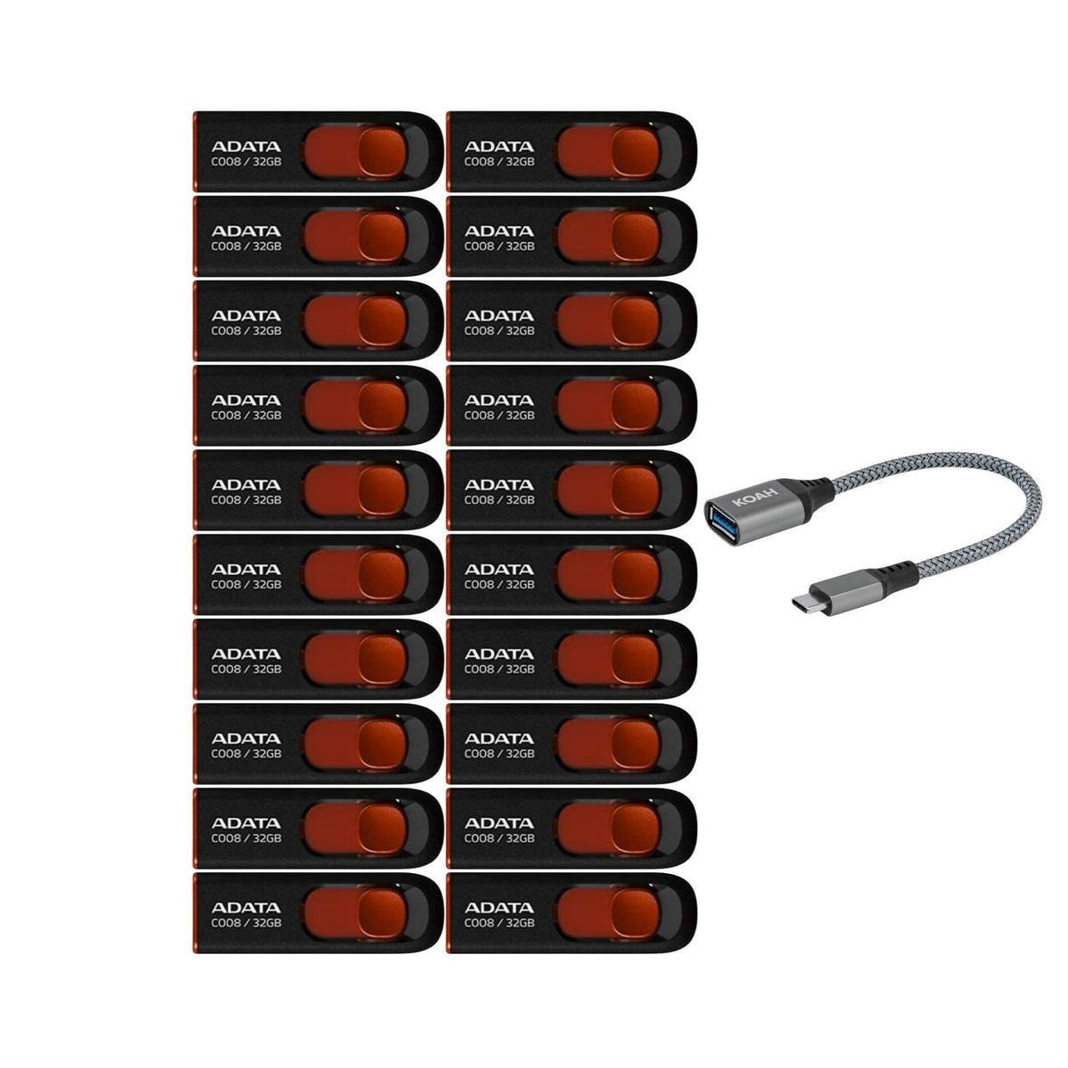 Adata C008 32GB USB 2.0 Retractable Flash Drive (Red) with USB 3.0 to USB-C Adapter (20-Pack)