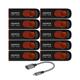 Adata C008 32GB USB 2.0 Retractable Flash Drive (Red) with USB 3.0 to USB-C Adapter (10-Pack)