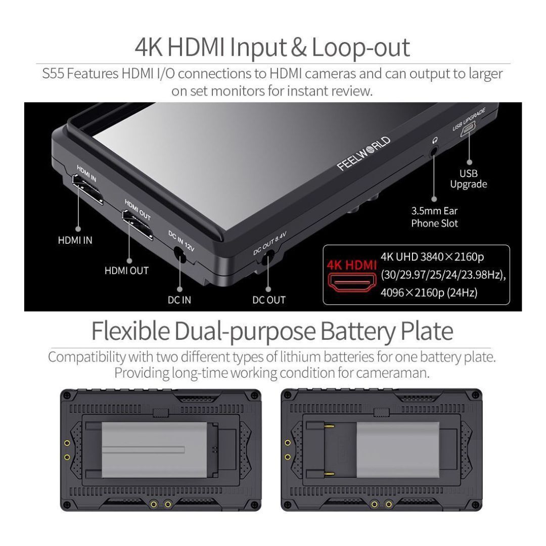 FeelWorld S55 V2 5.5-Inch Camera DSLR Field Monitor with 4K HDMI Input and Output Without Delay