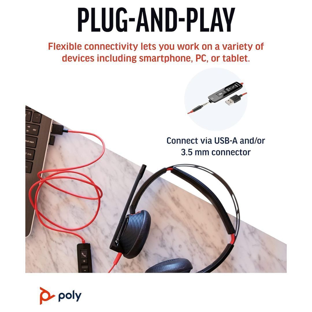 Plantronics Poly Blackwire 5220 USB-A Wired Headset with Flexible Noise-Canceling Boom Mic
