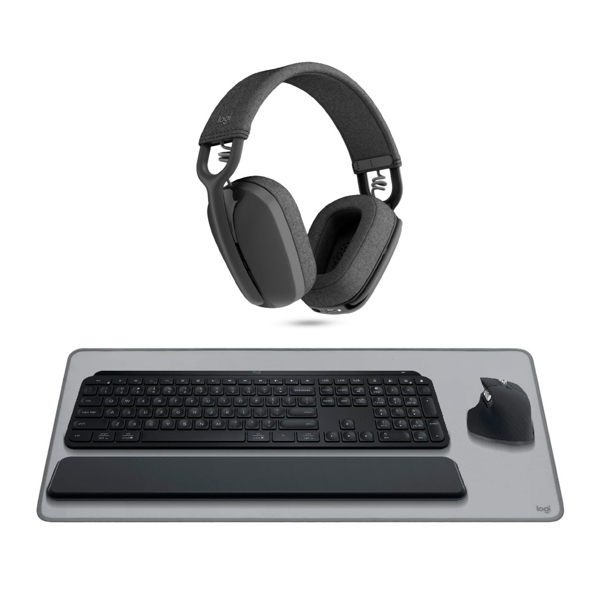 Logitech MX Keys S Keyboard and MX Master 3S Mouse Combo (Graphite) with Headphones, and Desk Mat