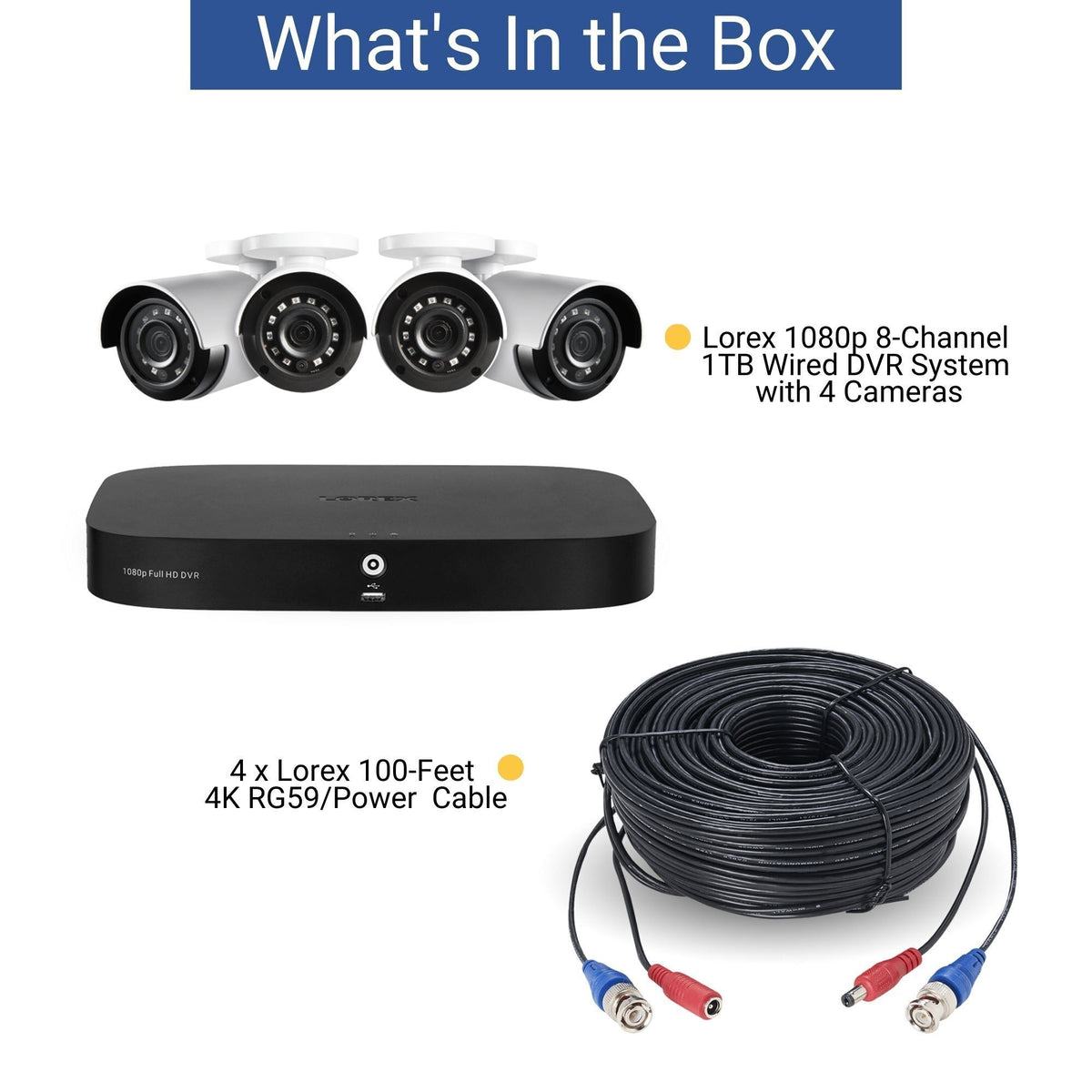 Lorex 1080p 8-Channel 1TB Wired DVR Security System with 4 Cameras and 4K RG59 100ft Power Cables