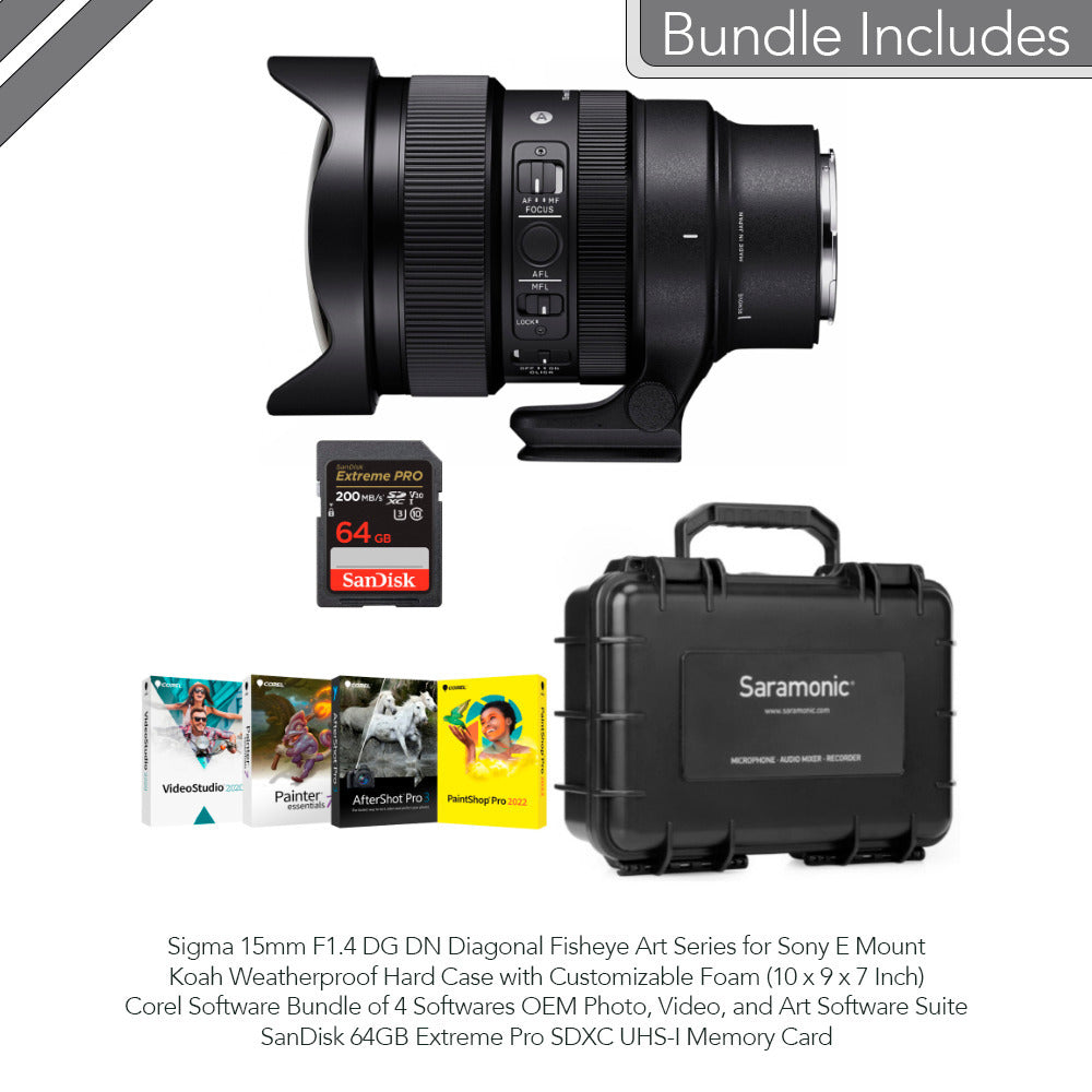 Sigma 15mm F1.4 DG DN Diagonal Fisheye Art, Sony E Mount with Corel Software, 65GB SD and Hardcase