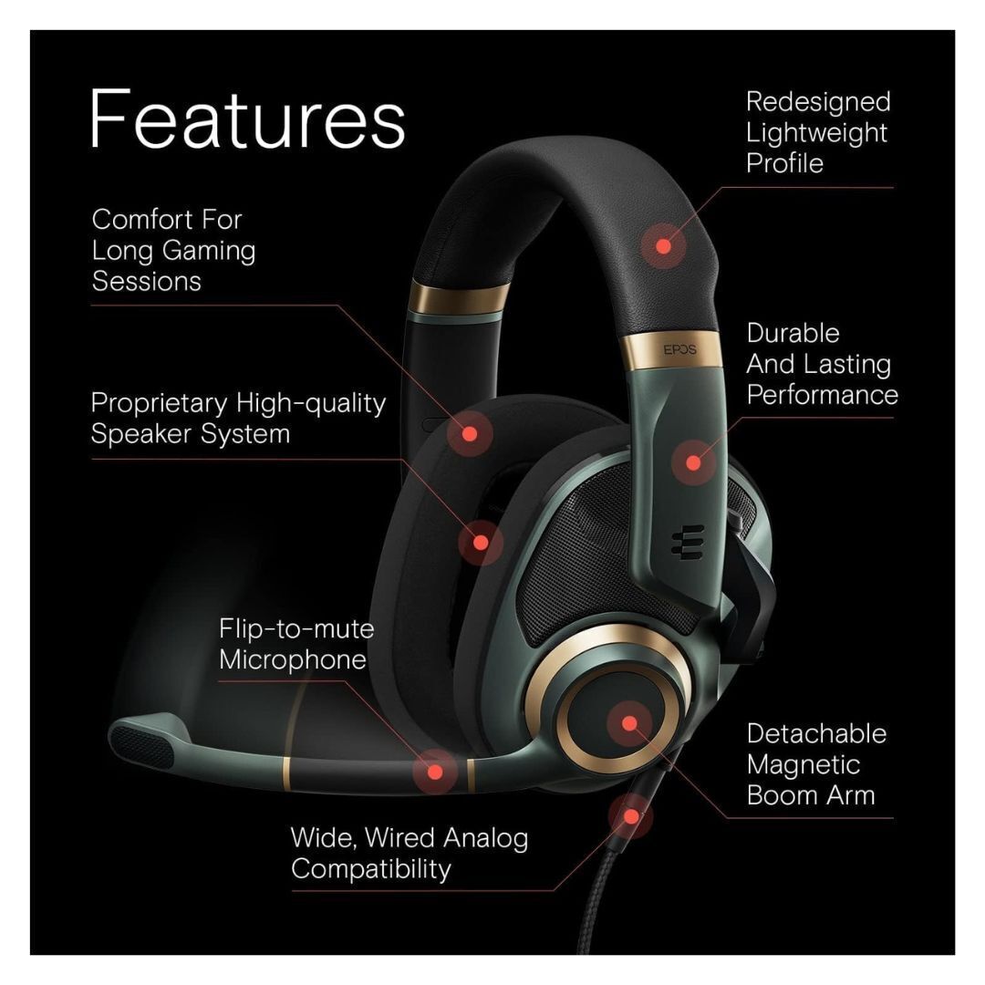EPOS H6PRO Open Acoustic Gaming Headset with Mic, Cushioned Headband, and Magnetic Boom Arm (Green)