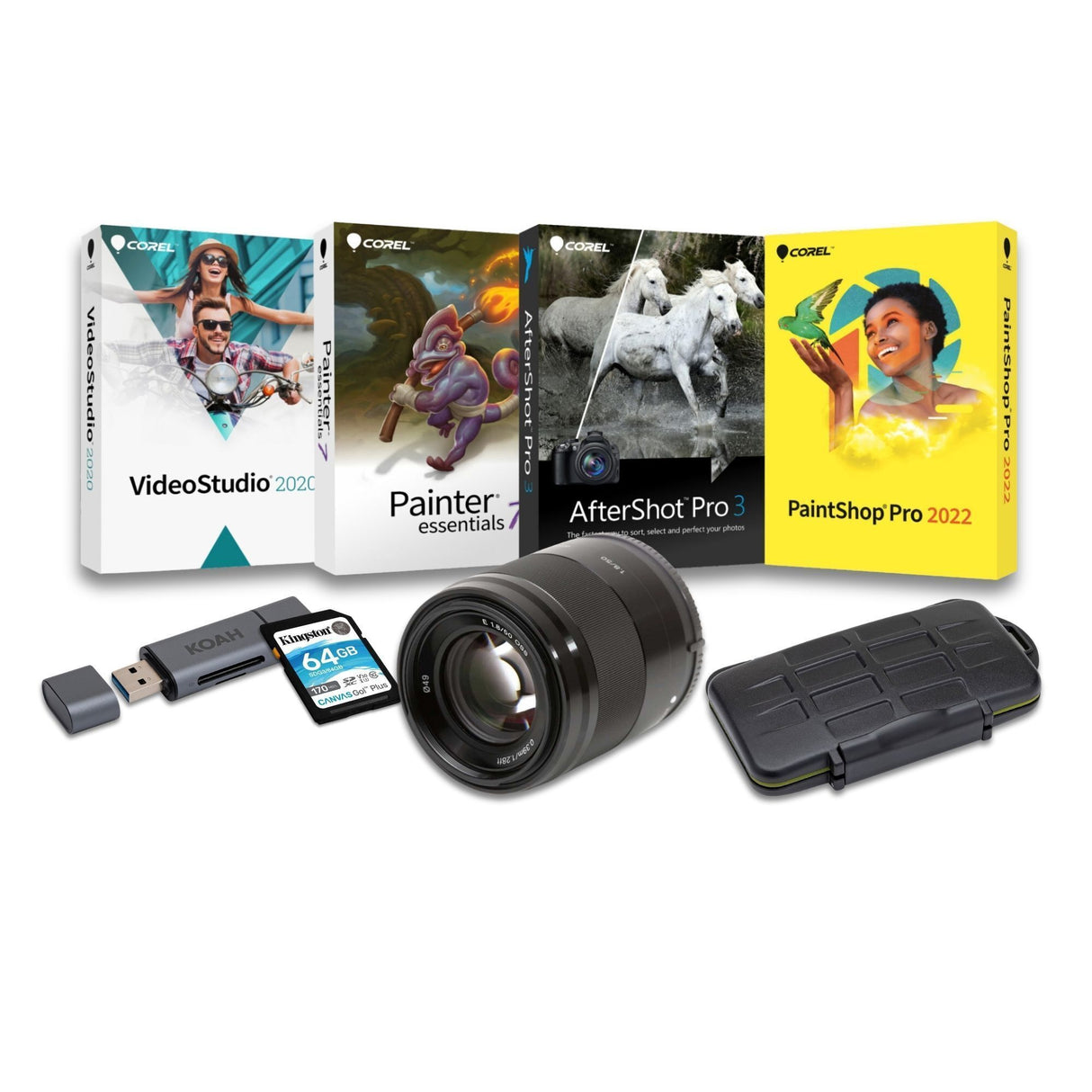 Sony E 50mm f/1.8 OSS Prime Lens (Black) with Editing Software, 64GB Memory Card, and Accessories