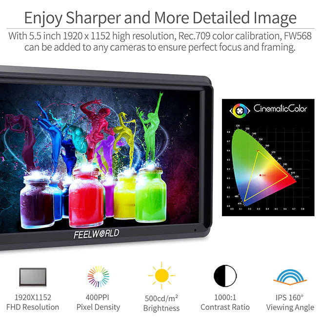 FeelWorld FW568 V3 6-Inch IPS 4K HDMI On-Camera Monitor with Cleaning Kit, and HDMI Cable