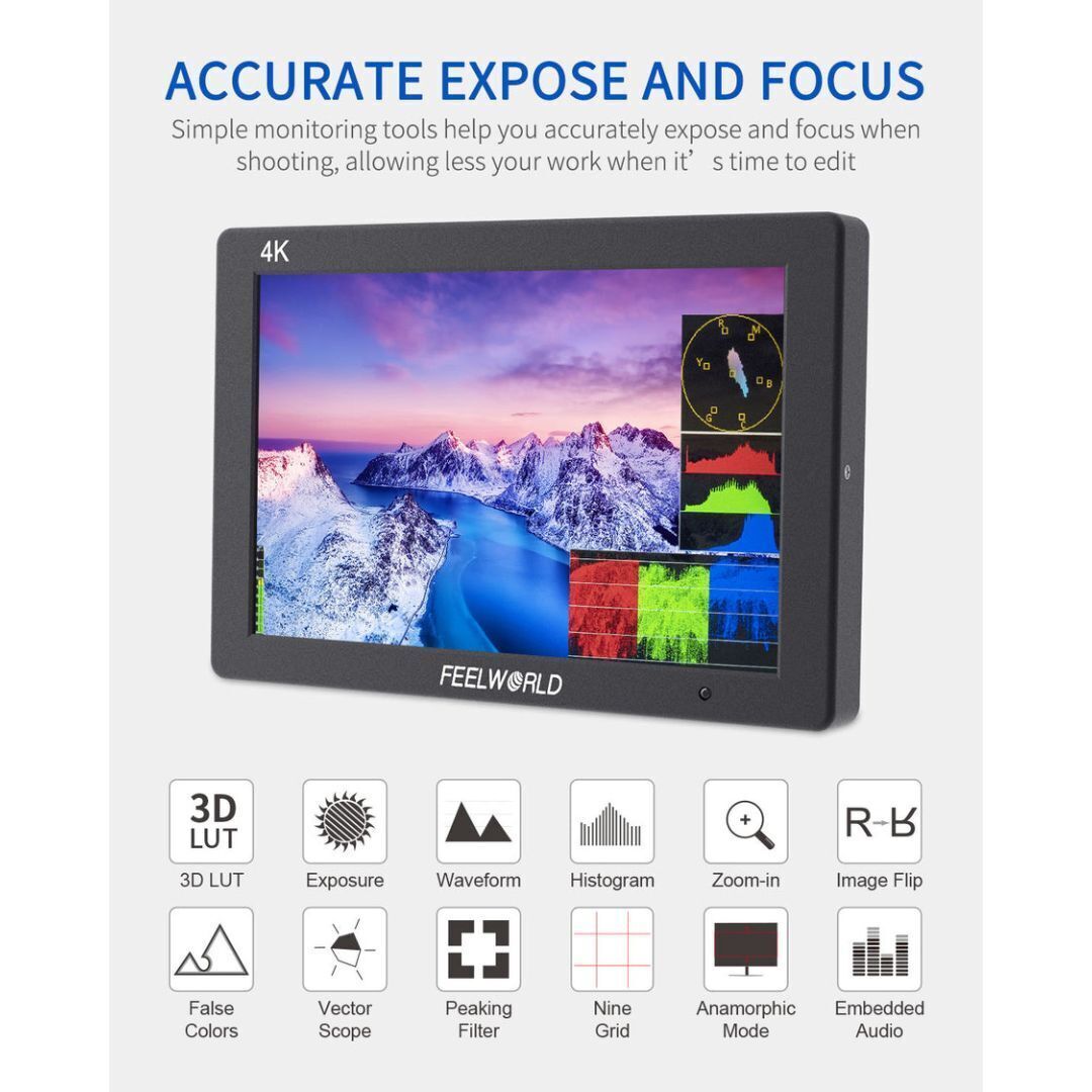 FeelWorld T7 Plus V2 7" IPS On-Camera Monitor with Cleaning Kit, and Full HDMI Cable