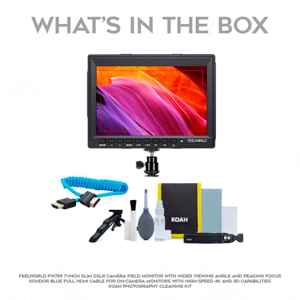 FeelWorld FW759 7" IPS On-Camera Monitor Monitor with Cleaning Kit, and HDMI Cable