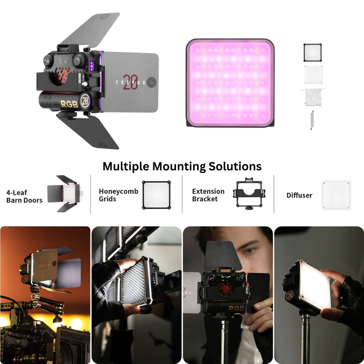 Zhiyun FIVERAY M20C RGB LED Light with Zhiyun FIVERAY M20 Bi-Color LED Light, and Tripod