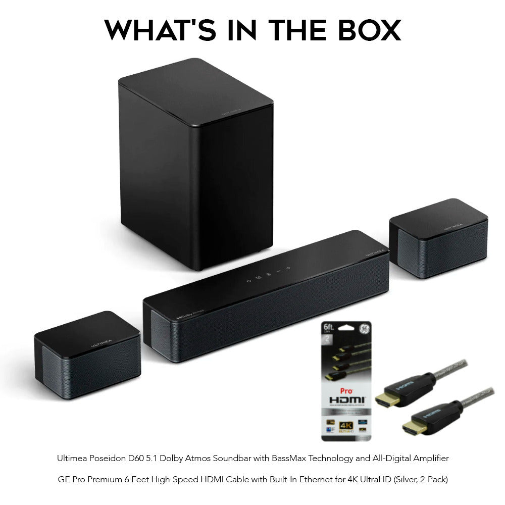 Ultimea Poseidon D60 5.1 Dolby Atmos Soundbar with (2-pack) 6 Ft. HDMI Cables bundle