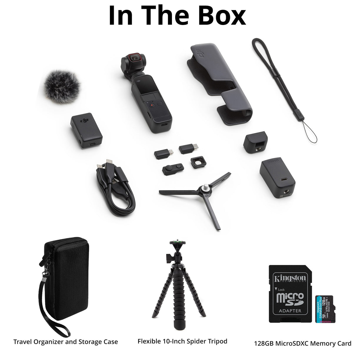 DJI Pocket 2 Compact Camera and Gimbal Creator Combo with 128GB SD Card, Case, and Spider Tripod