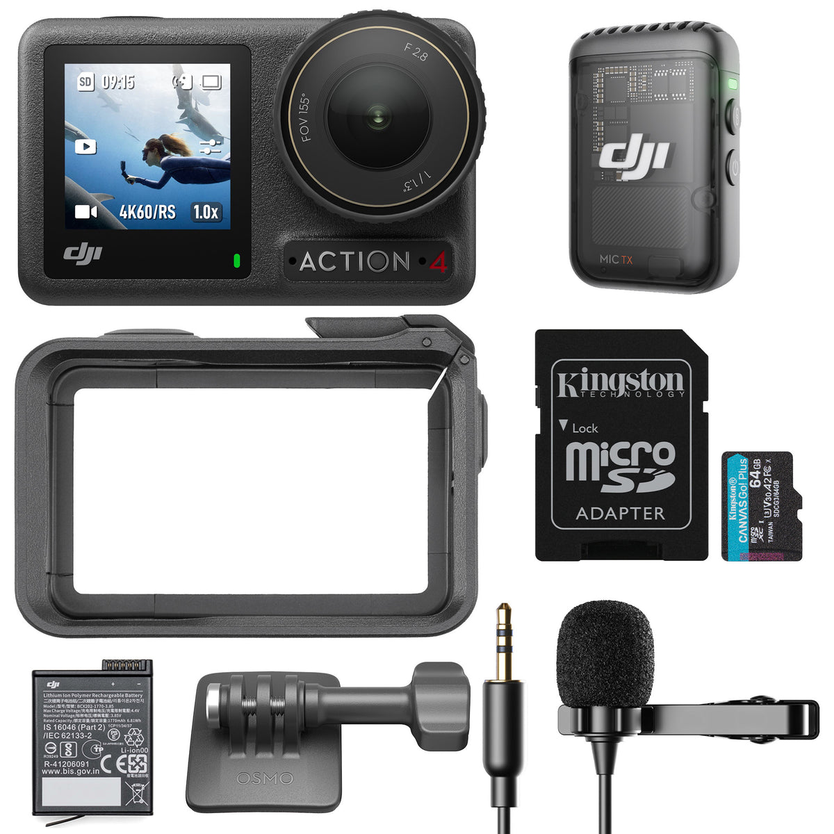DJI Osmo Action 4 Camera Standard Combo with DJI Mic 2 (1 TX), 64GB SD Card and Lavalier Mic
