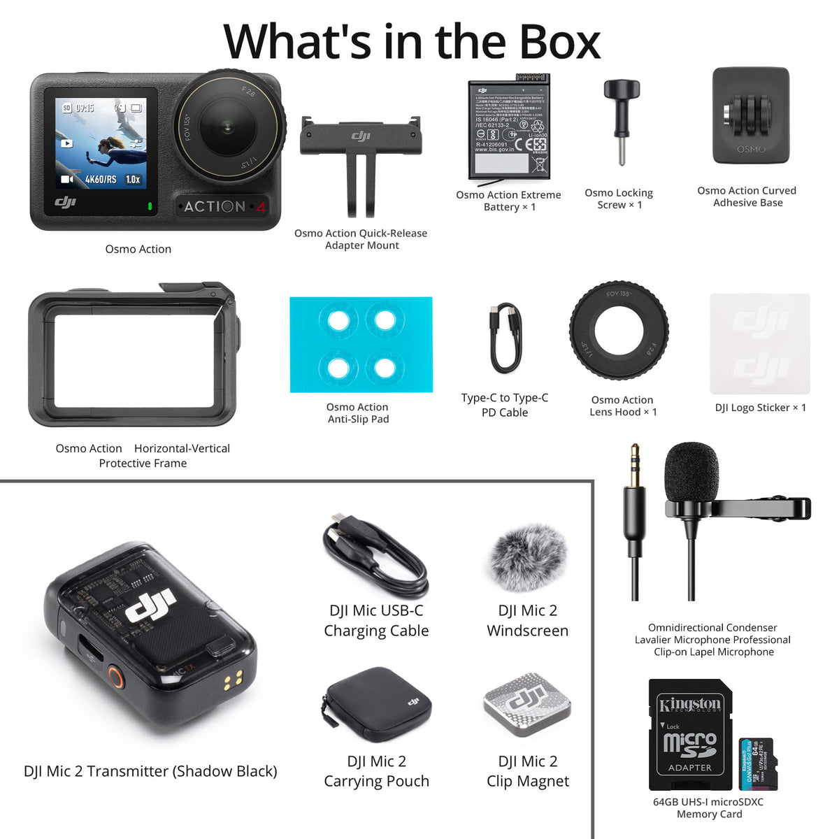 DJI Osmo Action 4 Camera Standard Combo with DJI Mic 2 (1 TX), 64GB SD Card and Lavalier Mic