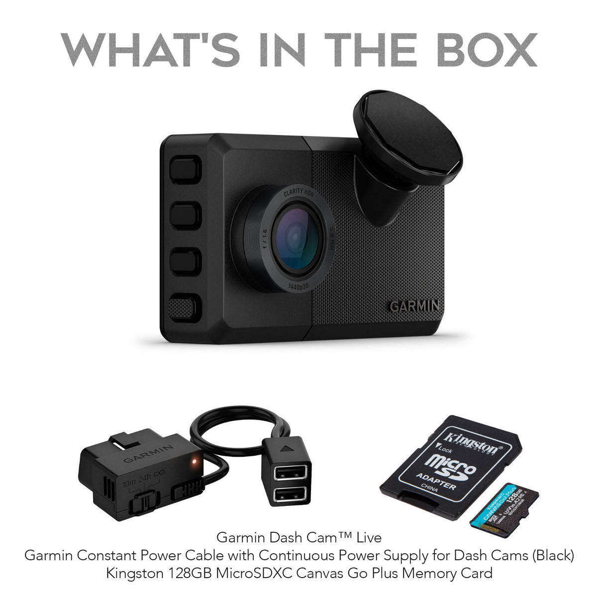Garmin Dash Cam™ Live Bundle with Constant Power Cable and 128GB MicroSDXC Card