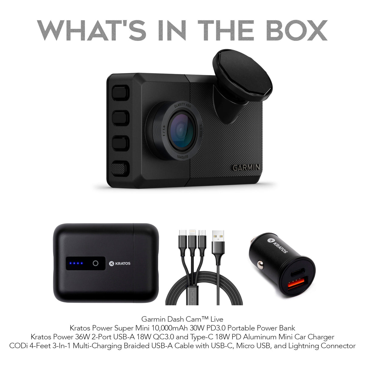 Garmin Dash Cam™ Live Bundle with Portable Power Bank, Car Charger, and Multi-Charging Braided Cable