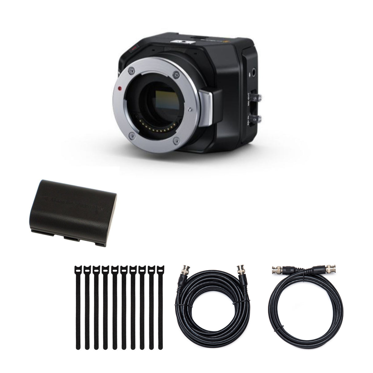 Blackmagic Design Micro Studio Camera 4K G2 with battery, SDI cable, 25' SDI cable, and Cable Ties