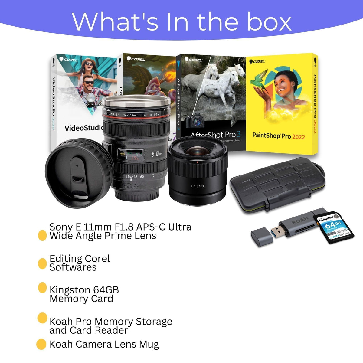 Sony E 11mm F1.8 APS-C Ultra Wide Angle Prime Lens with Editing Software, 64GB Memory Card Bundle