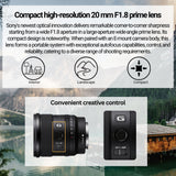 Sony FE 20mm f/1.8 G Ultra-Wide Angle G Lens with Editing Software, 64GB Memory Card Bundle