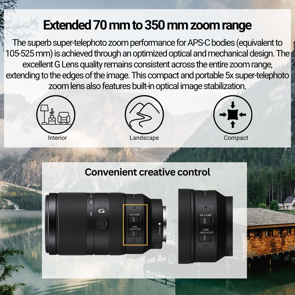 Sony E 70-350mm f/4.5-6.3 G OSS Lens - Telephoto Zoom Lens with 64GB Memory Card, and Camera Bag