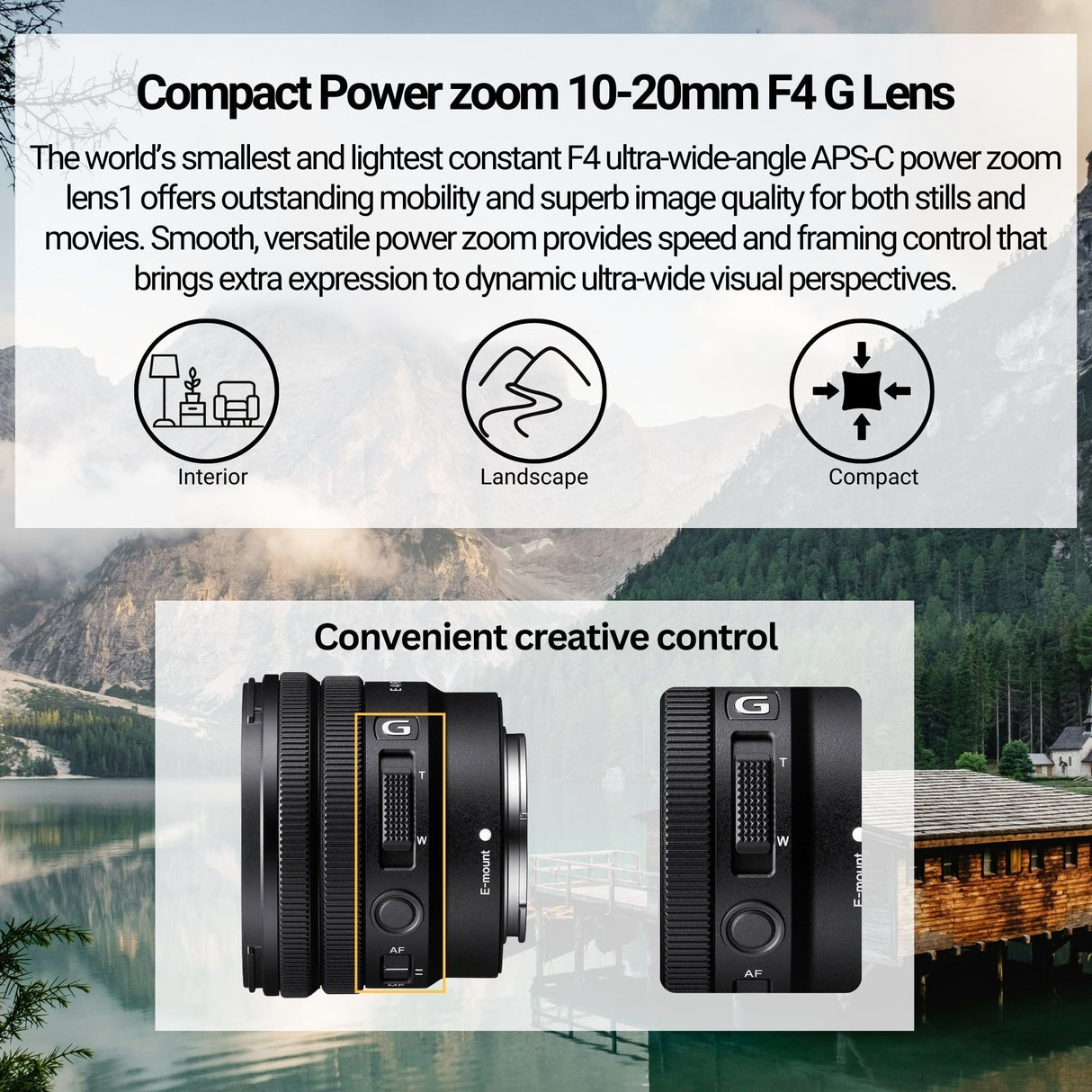 Sony E PZ 10-20mm F4 G APS-C Power Zoom G Lens with Editing Software, 64GB SD Card Bundle