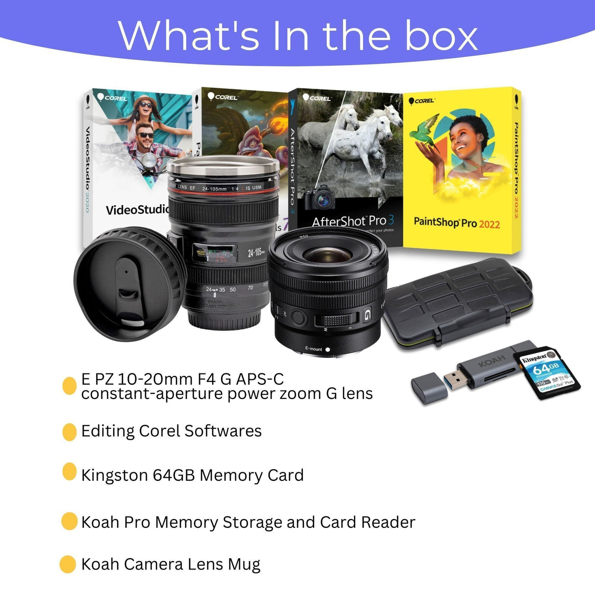 Sony E PZ 10-20mm F4 G APS-C Power Zoom G Lens with Editing Software, 64GB SD Card Bundle