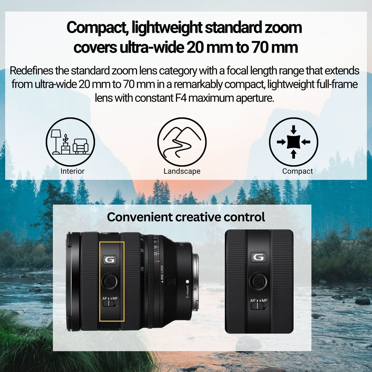 Sony FE 20-70mm F4 G Compact Zoom Lens with 64GB Memory Card, Editing Software, Camera Case Bundle