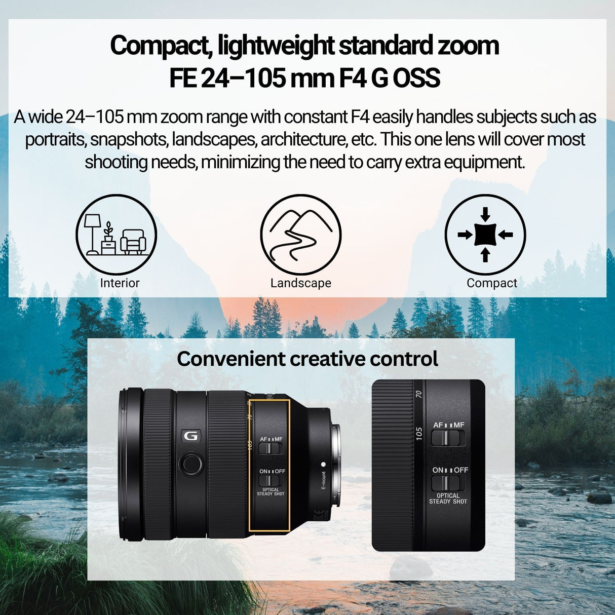 Sony FE 24-105mm f/4 G2 OSS Full-Frame E-Mount Lens with 64GB Memory Card, Editing Software Bundle