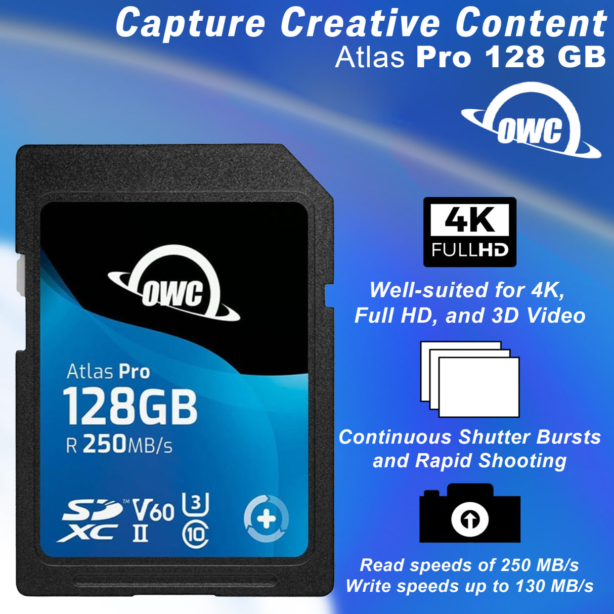 OWC 128GB Atlas Pro SDXC V60 UHS-II Memory Card for Advanced DSLR and Mirrorless Functions