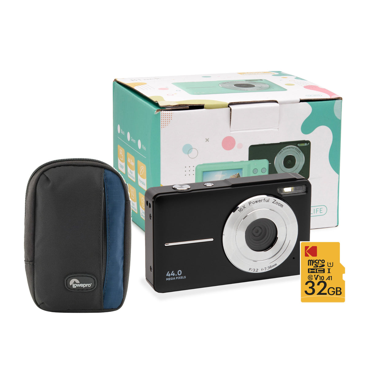 Koah 44MP FHD Point and Shoot Digital Camera with 16X Power Zoom (Black) and 32GB Card Bundle