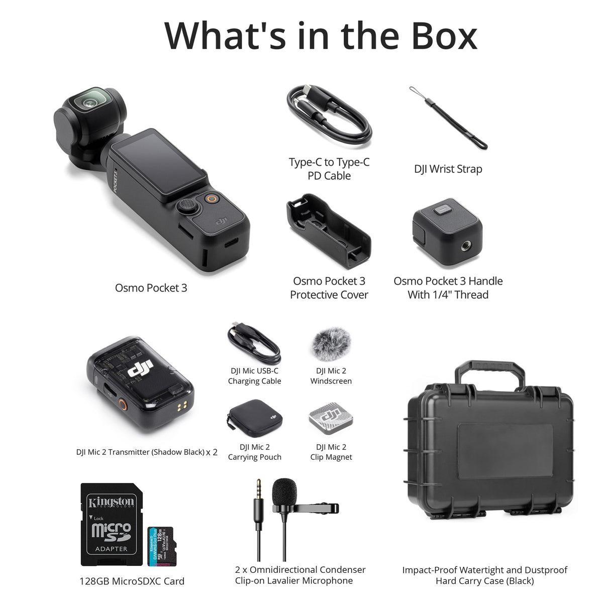DJI Osmo Pocket 3 with Two Mic 2 (1 TX,)  Two (2) Lav Mics, 128GB MicroSD Card, and Hard Case