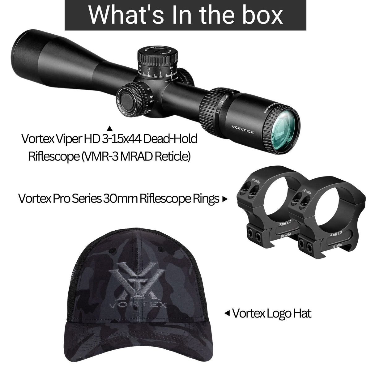 Vortex Viper HD 3-15x44 Dead-Hold Riflescope (VMR-3 MRAD Reticle) with 30mm Main Tube Bundle