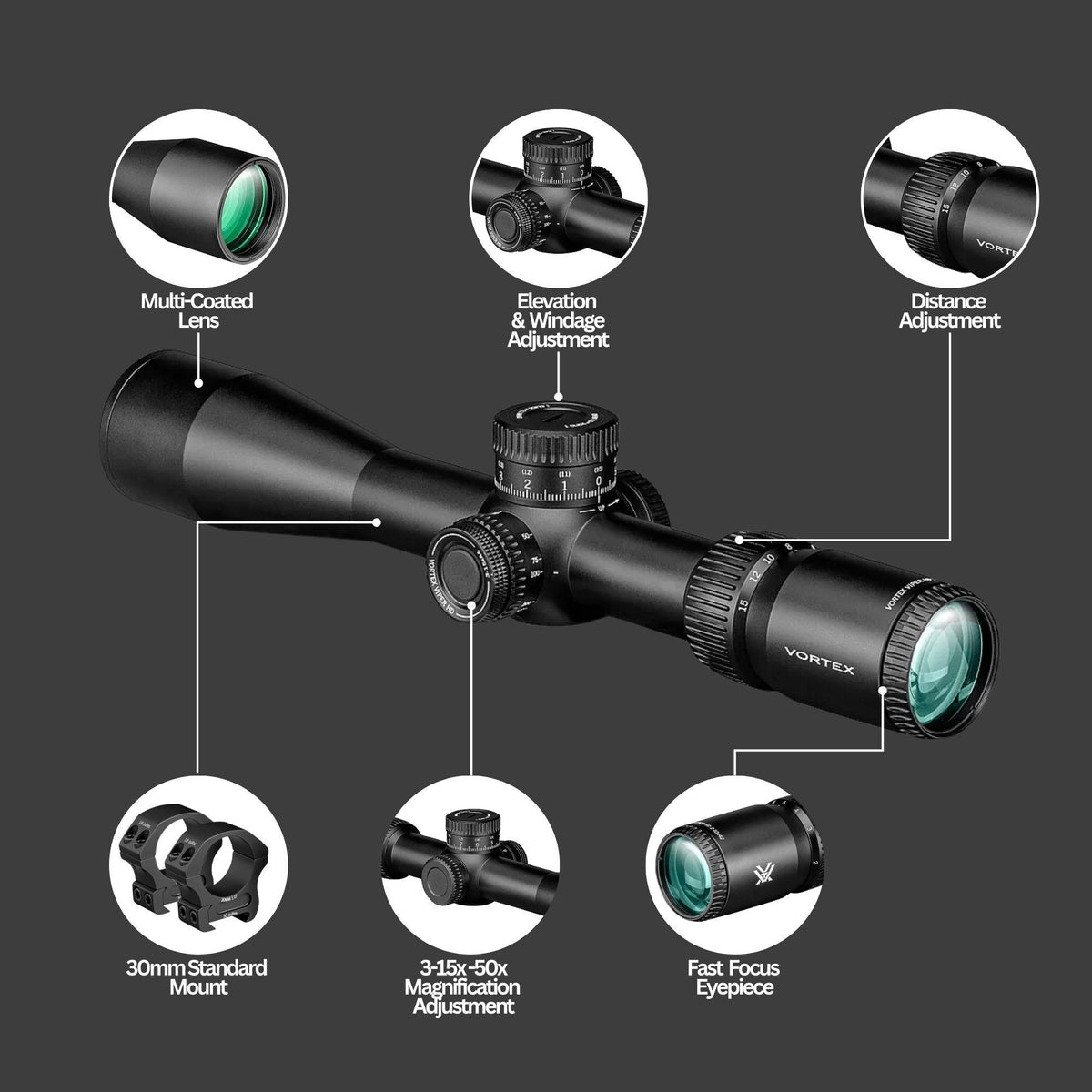 Vortex Viper HD 3-15x44 Dead-Hold Riflescope (VMR-3 MRAD Reticle) with 30mm Main Tube Bundle