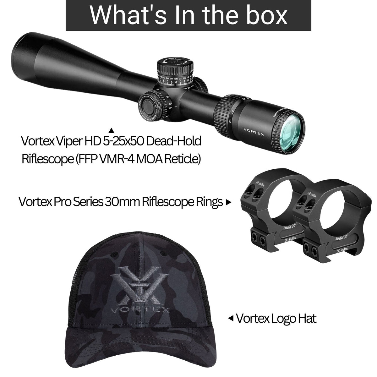 Vortex Viper HD 5-25x50 Dead-Hold Riflescope (FFP VMR-4 MOA Reticle) with Riflescope Rings Bundle