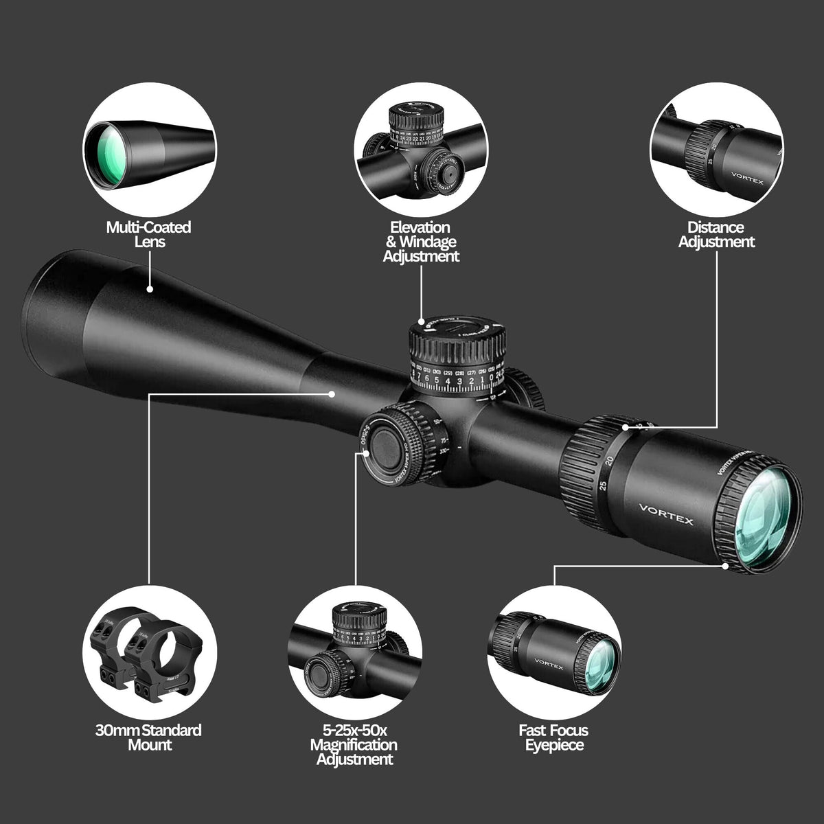Vortex Viper HD 5-25x50 Dead-Hold Riflescope (VMR-3 MOA Reticle) with Riflescope Rings Bundle