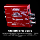 Decimator Version 2 Simultaneously Scales SDI to HDMI and NTSC/PAL with Analogue Audio Bundle
