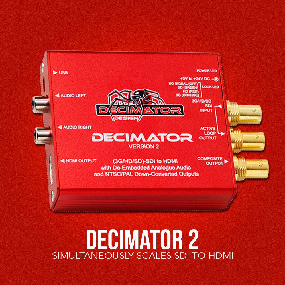 Decimator Version 2 Simultaneously Scales SDI to HDMI and NTSC/PAL with Analogue Audio Bundle