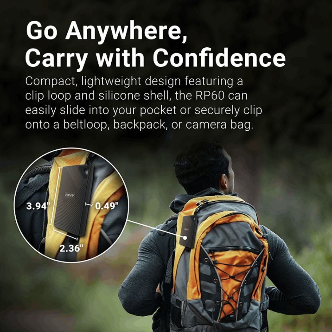 PNY RP60 2TB Rugged Type-C USB 3.2 Gen 2 x 2 Portable SSD with Clip Loop and 2000 MBPS Read Speed