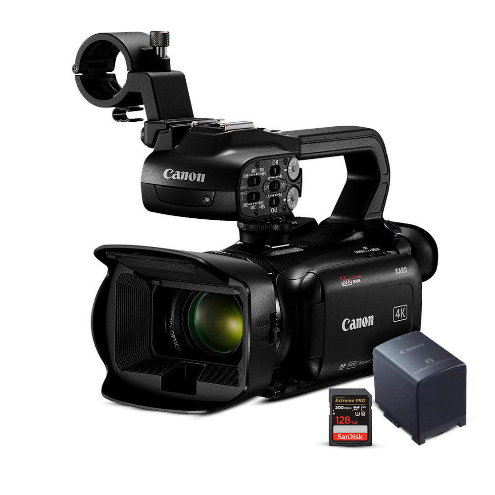 Canon XA60 Professional UHD 4K Camcorder (Black) with Battery Pack and 128GB Memory Card Bundle