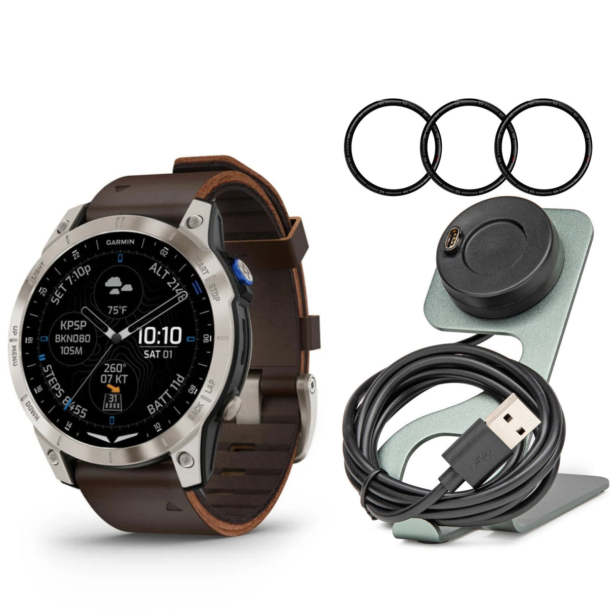 Garmin D2 Mach 1 Aviator Oxford Brown Leather Band Smartwatch with Charger Stand and Cable Bundle