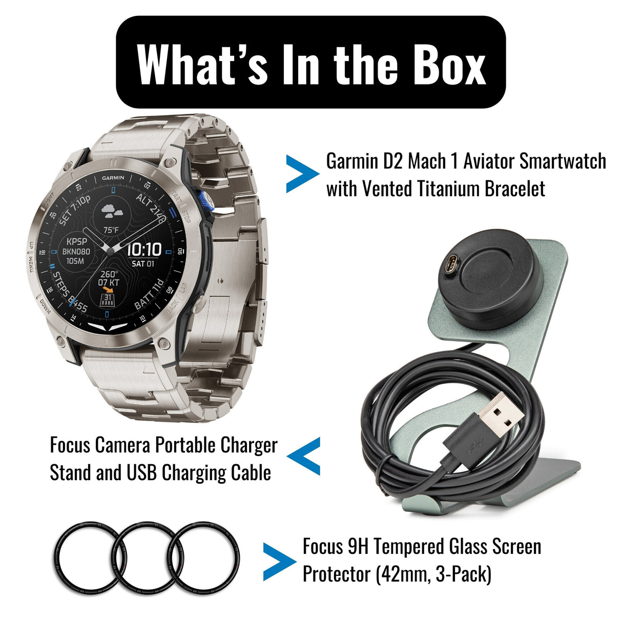Garmin D2 Mach 1 Smartwatch with Vented Titanium Bracelet with Charger Stand and USB Cable Bundle